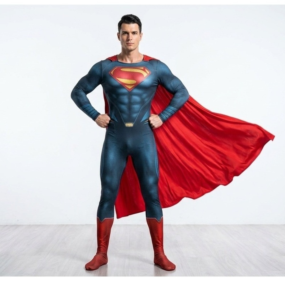 Superman Man of Steel Men Costume Cosplay Jumpsuit with Cape Blue Red Size M/170